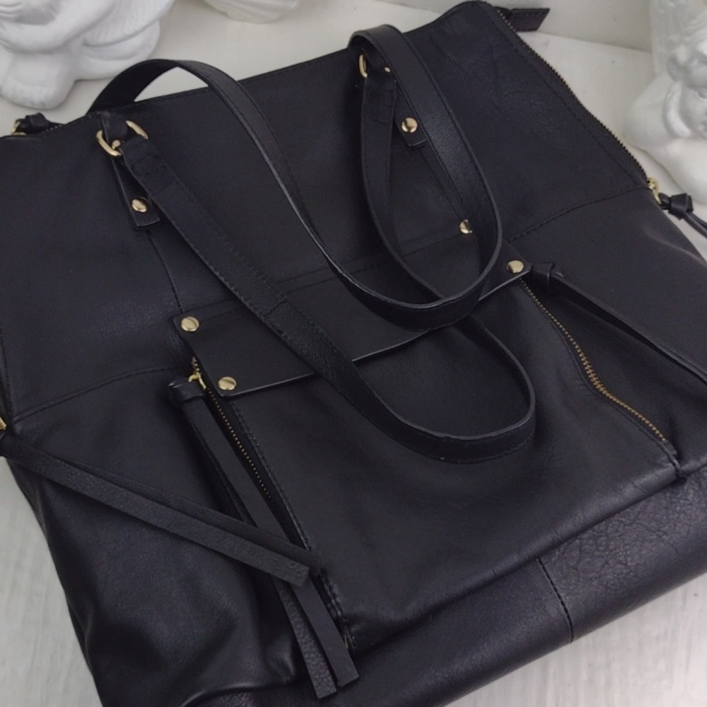 Classic Black Very Soft Leather Like Multi Tasseled Gold Tone HardwareTote Bag - Picture 14 of 14
